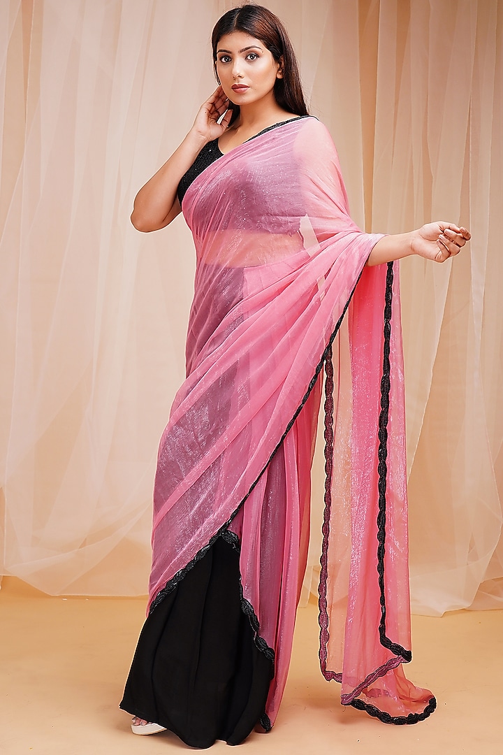 Rose Pink & Black Gajji Modal Satin Hand Embroidered Draped Saree Set by Farha Syed
