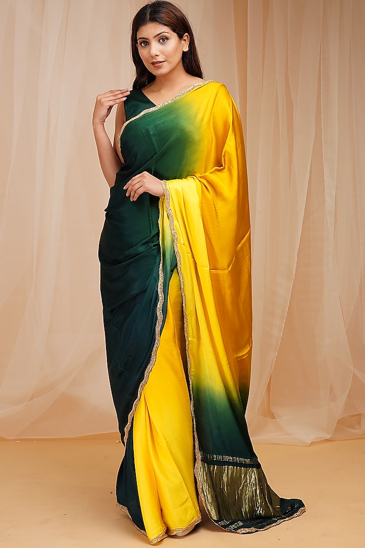Golf Green & Sunny Yellow Dyed Hand Embroidered Saree Set by Farha Syed