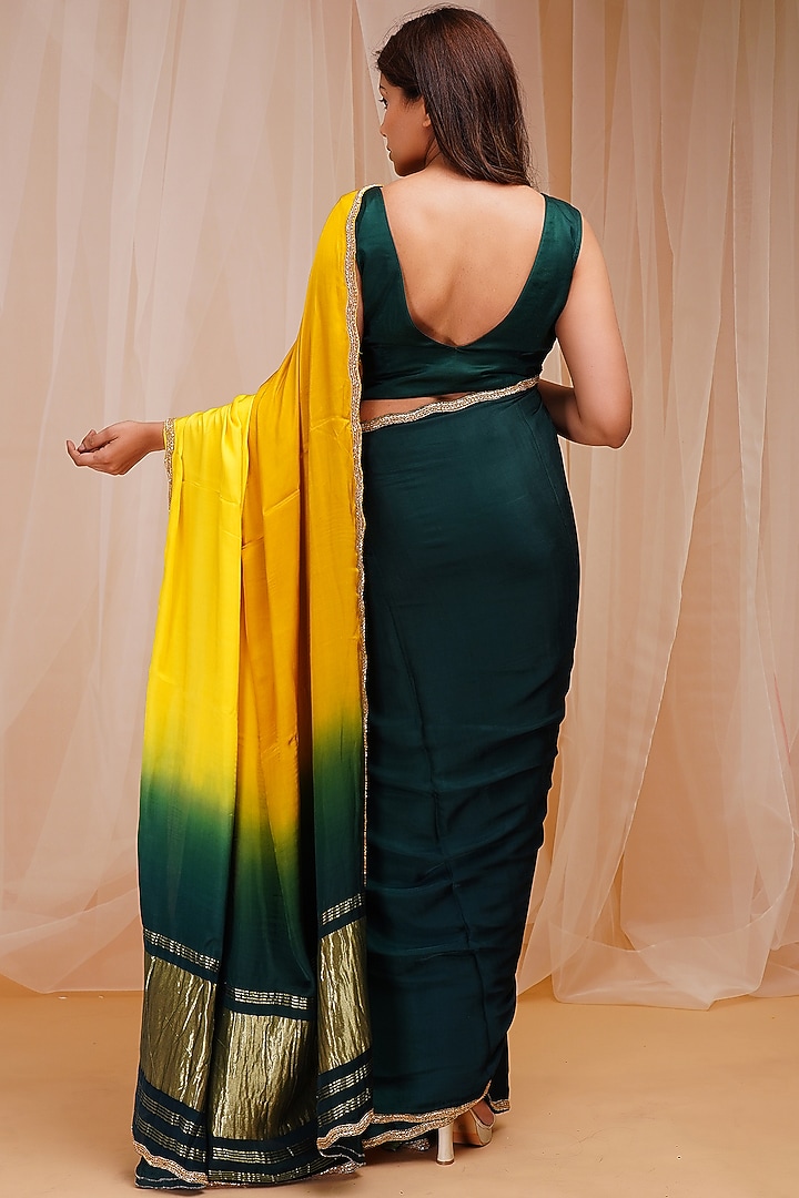 Golf Green & Sunny Yellow Dyed Hand Embroidered Party Wear Saree Set by Farha Syed at Pernia's Pop Up Shop