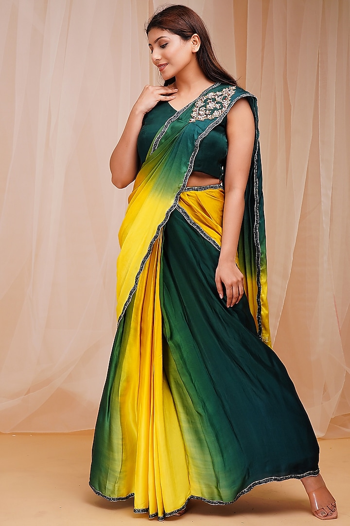 Golf Green & Sunny Yellow Dyed Embroidered Ready-To-Wear Saree Set by Farha Syed