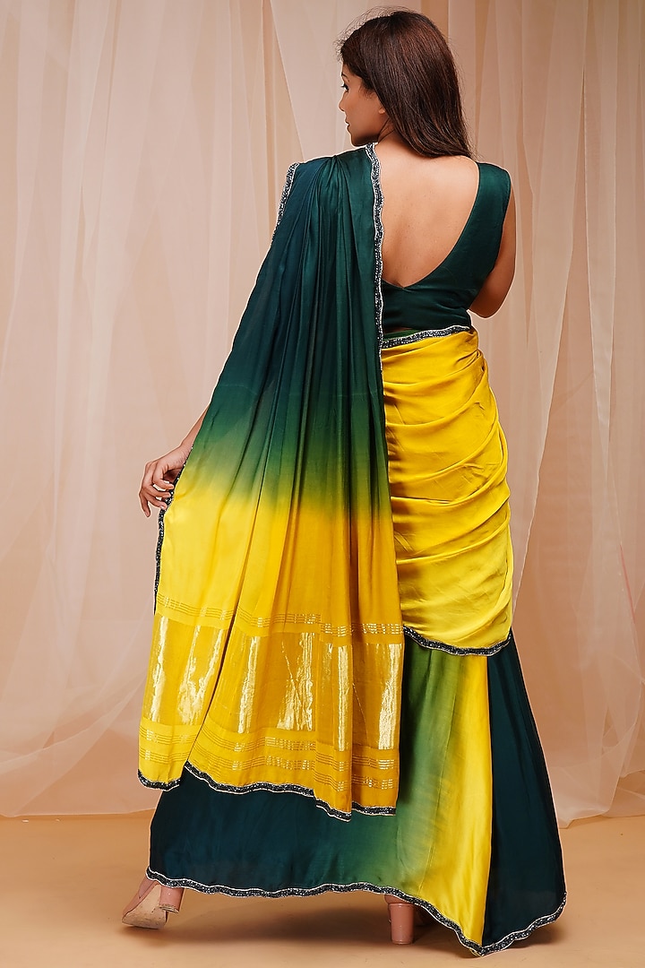 Golf Green & Sunny Yellow Dyed Embroidered Ready-To-Wear Party Wear Saree Set by Farha Syed at Pernia's Pop Up Shop