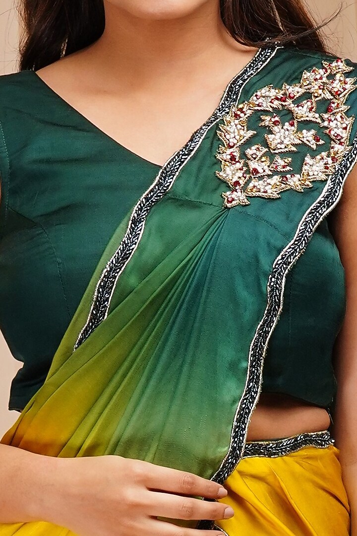 Golf Green & Sunny Yellow Dyed Embroidered Ready-To-Wear Party Wear Saree Set by Farha Syed at Pernia's Pop Up Shop