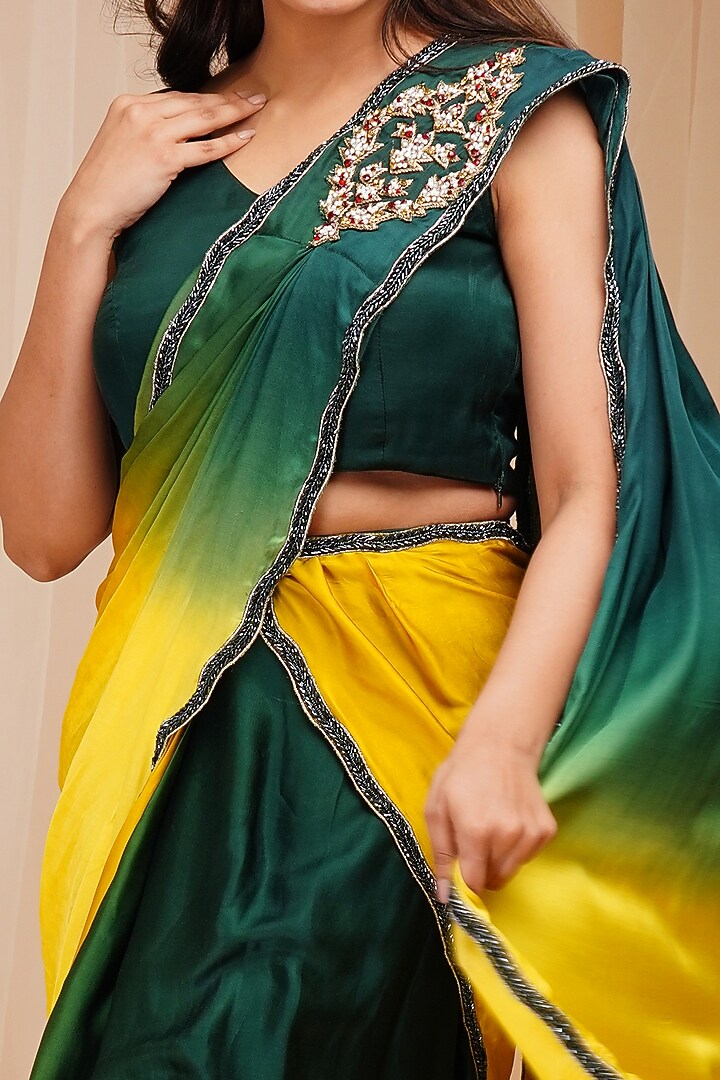 Golf Green & Sunny Yellow Dyed Embroidered Ready-To-Wear Party Wear Saree Set by Farha Syed at Pernia's Pop Up Shop