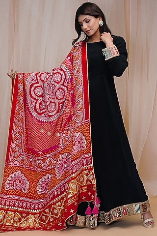 Jet Black Hand Embroidered Anarkali Set by Farha Syed