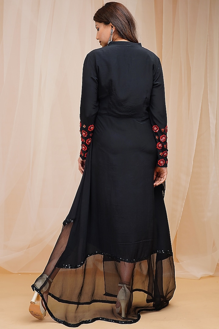 Jet Black Hand Embroidered Draped Vacation Dress by Farha Syed at Pernia's Pop Up Shop