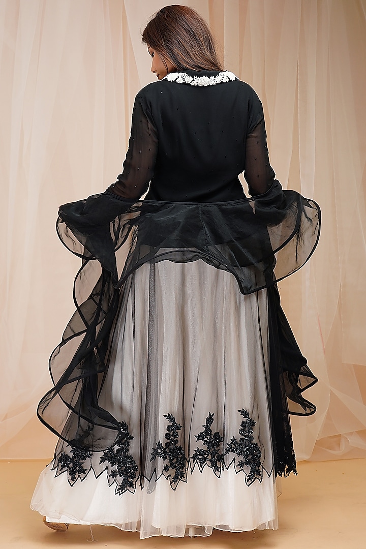 Pearl White & Jet Black Embroidered Wedding Lehenga Set by Farha Syed at Pernia's Pop Up Shop
