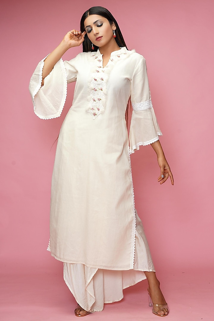 Cream Embellished Kurta Set by Farha Syed