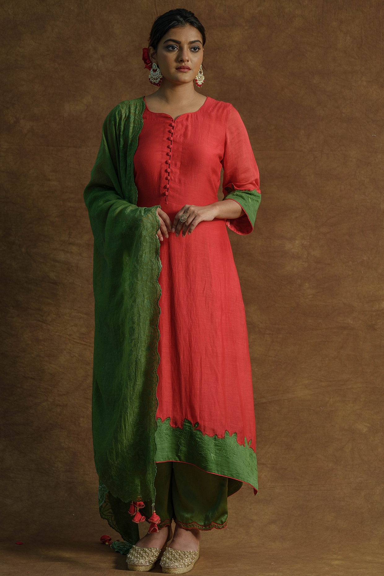 Red Mul Chanderi Silk Hand Embroidered Kurta Set by Farha Syed at Pernia's Pop Up Shop