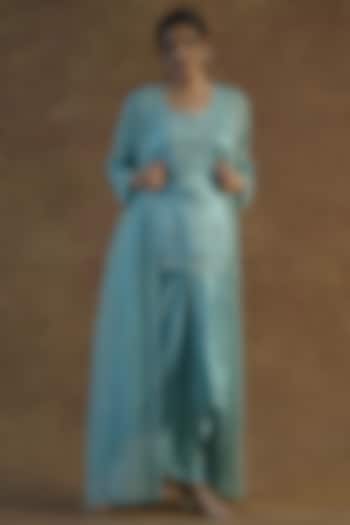 Sea Green Zari Tissue Chanderi Embroidered Jacket Set by Farha Syed at Pernia's Pop Up Shop