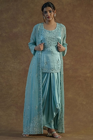 Sea Green Zari Tissue Chanderi Embroidered Jacket Set by Farha Syed