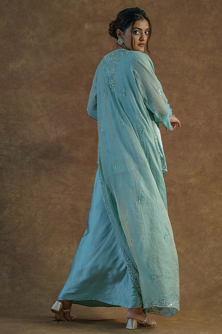 Sea Green Zari Tissue Chanderi Embroidered Jacket Set by Farha Syed at Pernia's Pop Up Shop