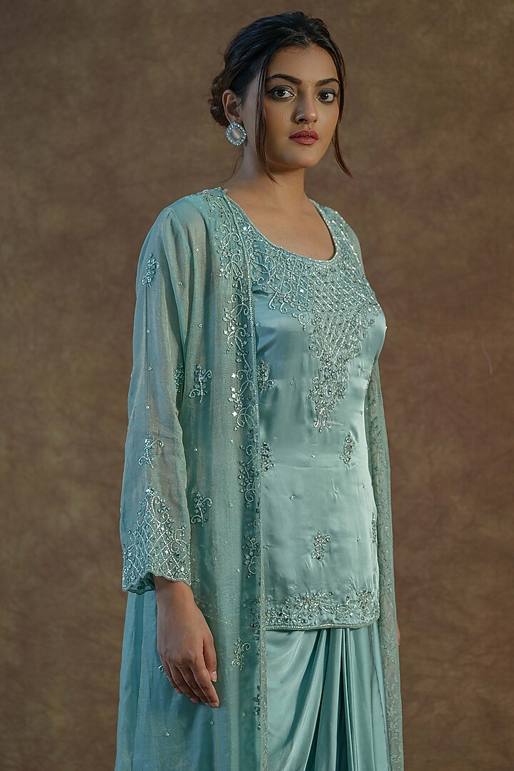 Sea Green Zari Tissue Chanderi Embroidered Jacket Set by Farha Syed at Pernia's Pop Up Shop