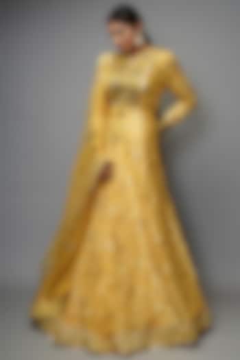 Yellow Gold Embroidered Anarkali Set by Farha Syed