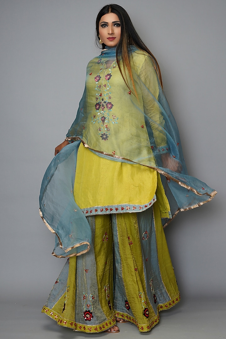 Lime Green Hand Embroidered Sharara Set by Farha Syed at Pernia's Pop Up Shop