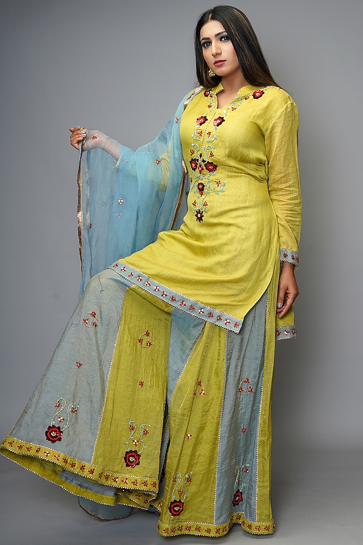 Lime Green Hand Embroidered Wedding Sharara Set by Farha Syed at Pernia's Pop Up Shop