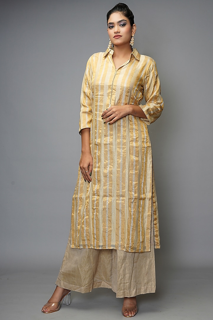 Golden Chanderi Tissue Kurta Set by Farha Syed