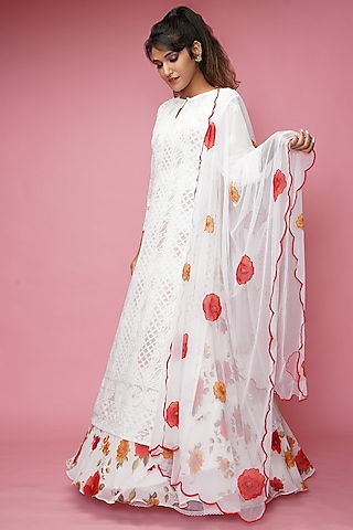 Pearl White Chikankari Kurta Set by Farha Syed