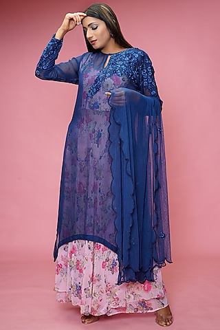 Navy Blue Embroidered Kurta Set by Farha Syed