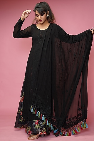 Black Chikankari Anarkali Set by Farha Syed