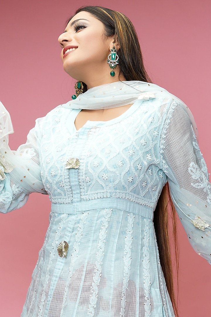 Powder Blue Chikankari Party Wear Anarkali Set by Farha Syed at Pernia's Pop Up Shop
