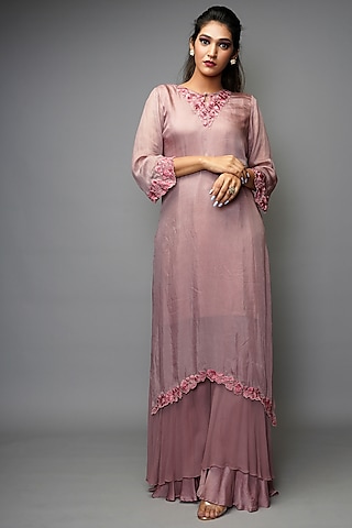 Peachy Mauve Embroidered Layered Sharara Set by Farha Syed
