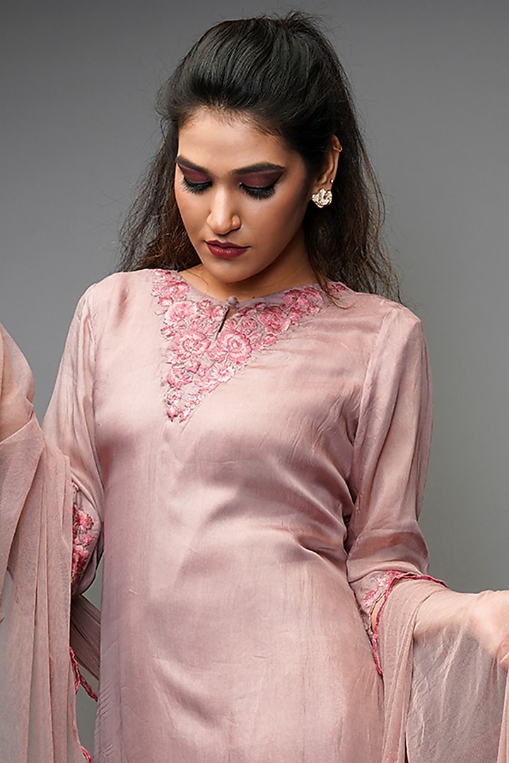 Peachy Mauve Embroidered Layered Party Wear Sharara Set by Farha Syed at Pernia's Pop Up Shop