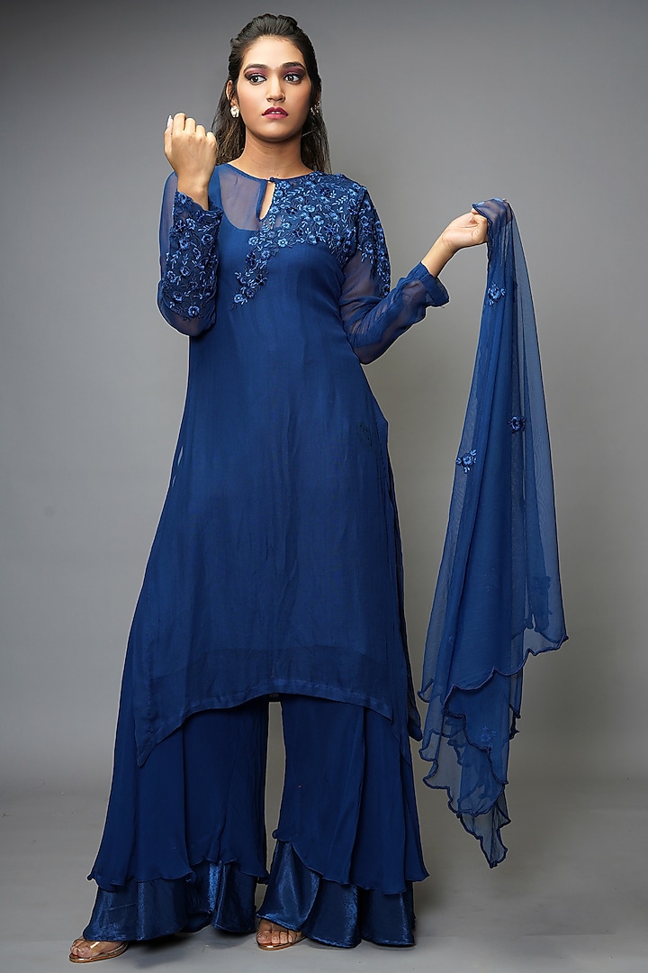 Ink Blue Embroidered Layered Sharara Set by Farha Syed