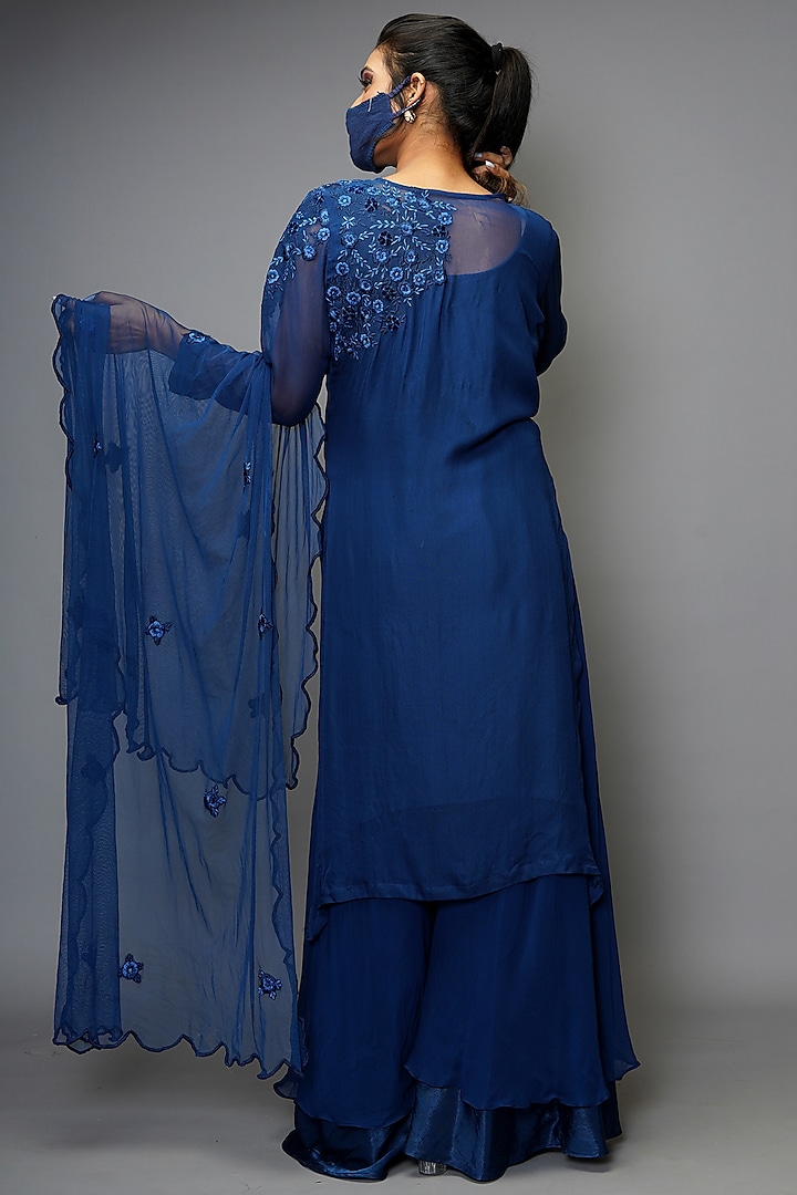 Ink Blue Embroidered Layered Party Wear Sharara Set by Farha Syed at Pernia's Pop Up Shop