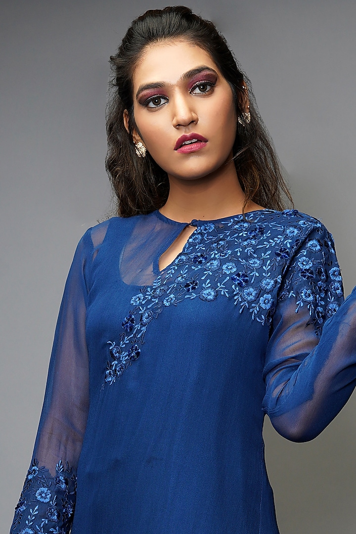 Ink Blue Embroidered Layered Party Wear Sharara Set by Farha Syed at Pernia's Pop Up Shop