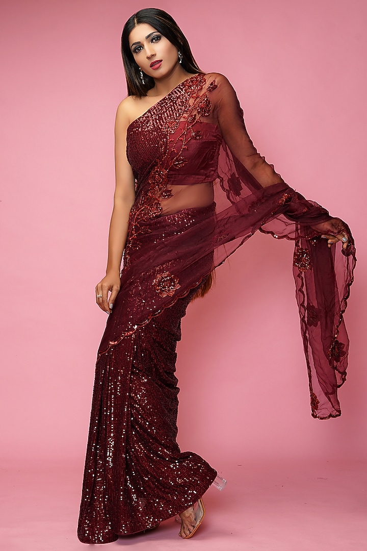 Maroon Zardosi Embroidered Wedding Saree Set by Farha Syed at Pernia's Pop Up Shop