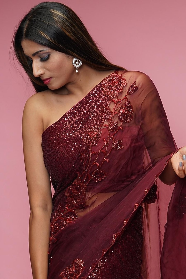 Maroon Zardosi Embroidered Wedding Saree Set by Farha Syed at Pernia's Pop Up Shop