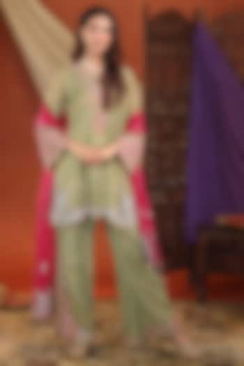 Sage Green Chanderi Silk Hand Embroidered Kurta Set by Farha Syed at Pernia's Pop Up Shop
