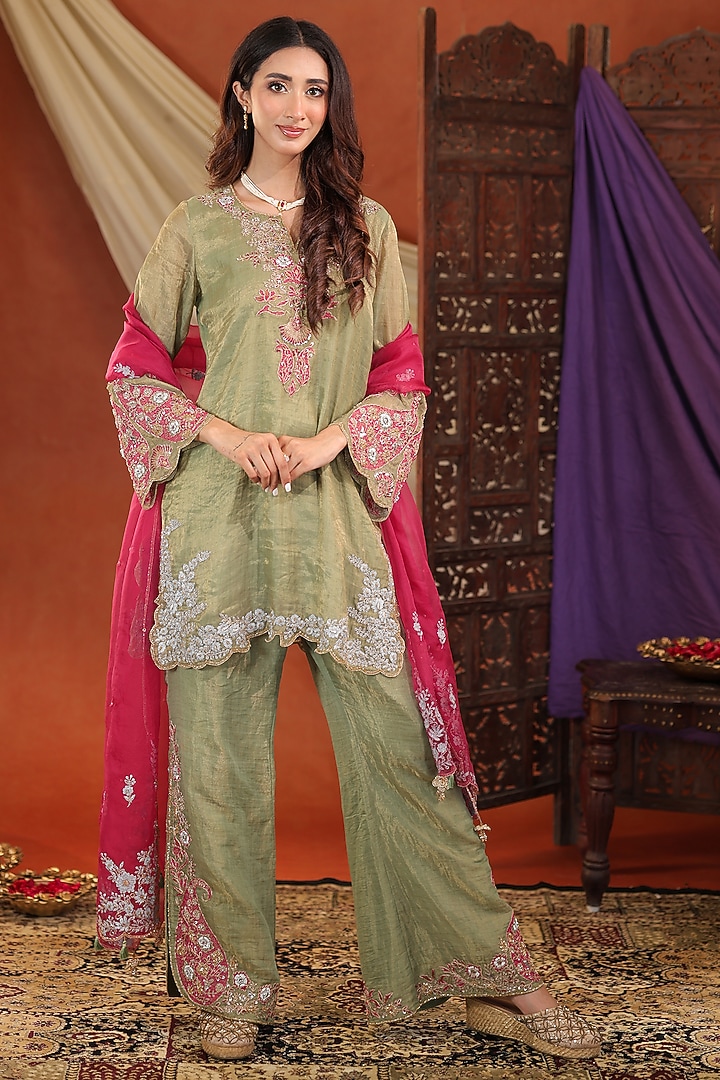 Sage Green Chanderi Silk Hand Embroidered Kurta Set by Farha Syed at Pernia's Pop Up Shop