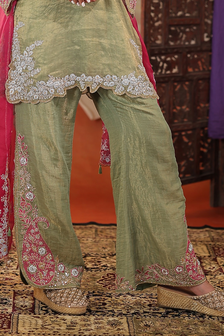 Sage Green Chanderi Silk Hand Embroidered Kurta Set by Farha Syed at Pernia's Pop Up Shop