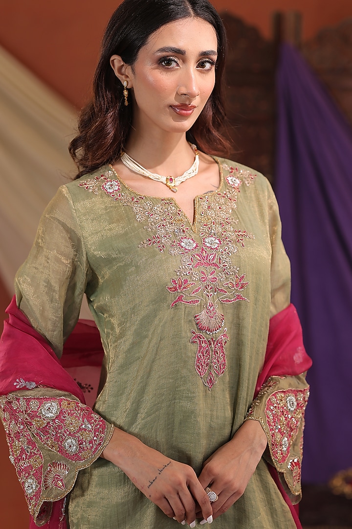 Sage Green Chanderi Silk Hand Embroidered Kurta Set by Farha Syed at Pernia's Pop Up Shop