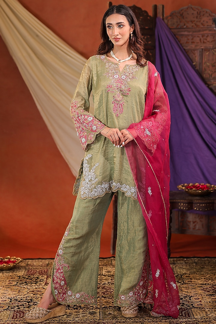 Sage Green Chanderi Silk Hand Embroidered Kurta Set by Farha Syed at Pernia's Pop Up Shop