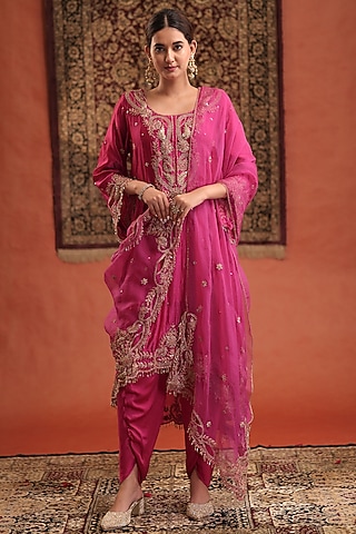 Magenta Pink Silk Zardosi Hand Embroidered Kurta Set by Farha Syed
