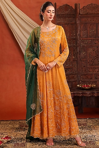 Golden Yellow Chanderi Silk Tissue Cutdana Hand Embroidered Anarkali Set by Farha Syed