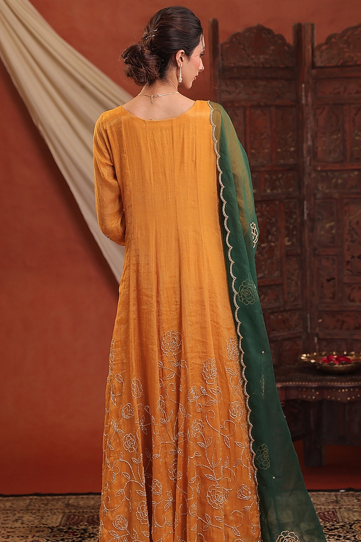Golden Yellow Chanderi Silk Tissue Cutdana Hand Embroidered Wedding Anarkali Set by Farha Syed at Pernia's Pop Up Shop