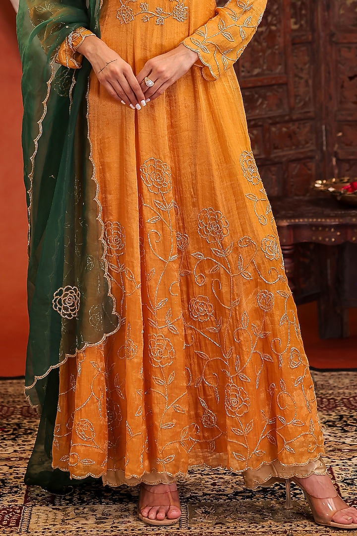 Golden Yellow Chanderi Silk Tissue Cutdana Hand Embroidered Wedding Anarkali Set by Farha Syed at Pernia's Pop Up Shop