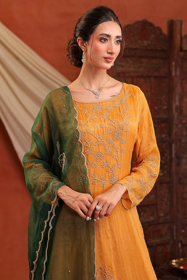 Golden Yellow Chanderi Silk Tissue Cutdana Hand Embroidered Wedding Anarkali Set by Farha Syed at Pernia's Pop Up Shop