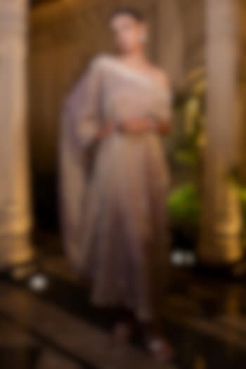 Champagne Rose Tissue Chiffon Sequins Hand Embroidered One-Shoulder Kaftan by Farha Syed at Pernia's Pop Up Shop