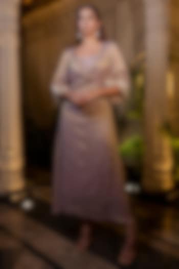 Champagne Rose Tissue Chiffon Sequins Hand Embroidered Kaftan Dress by Farha Syed at Pernia's Pop Up Shop