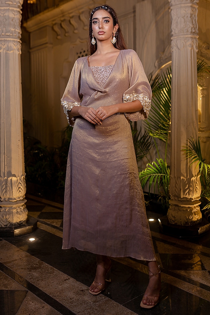 Champagne Rose Tissue Chiffon Sequins Hand Embroidered Kaftan Dress by Farha Syed at Pernia's Pop Up Shop