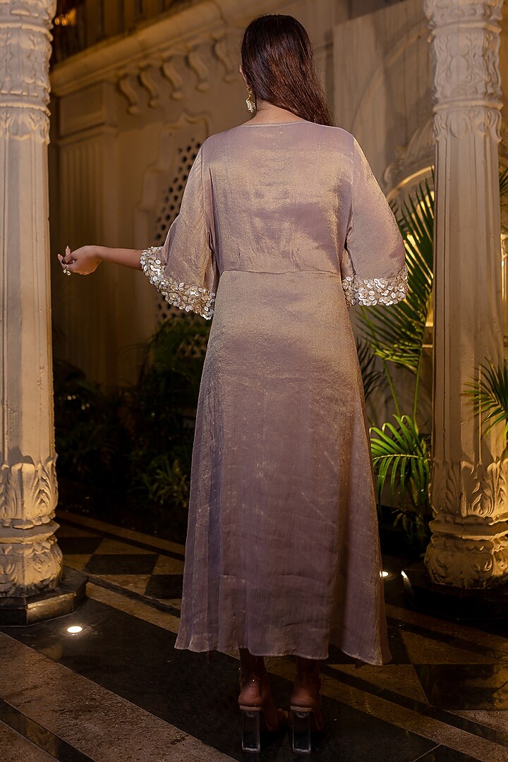 Champagne Rose Tissue Chiffon Sequins Hand Embroidered Kaftan Dress by Farha Syed at Pernia's Pop Up Shop