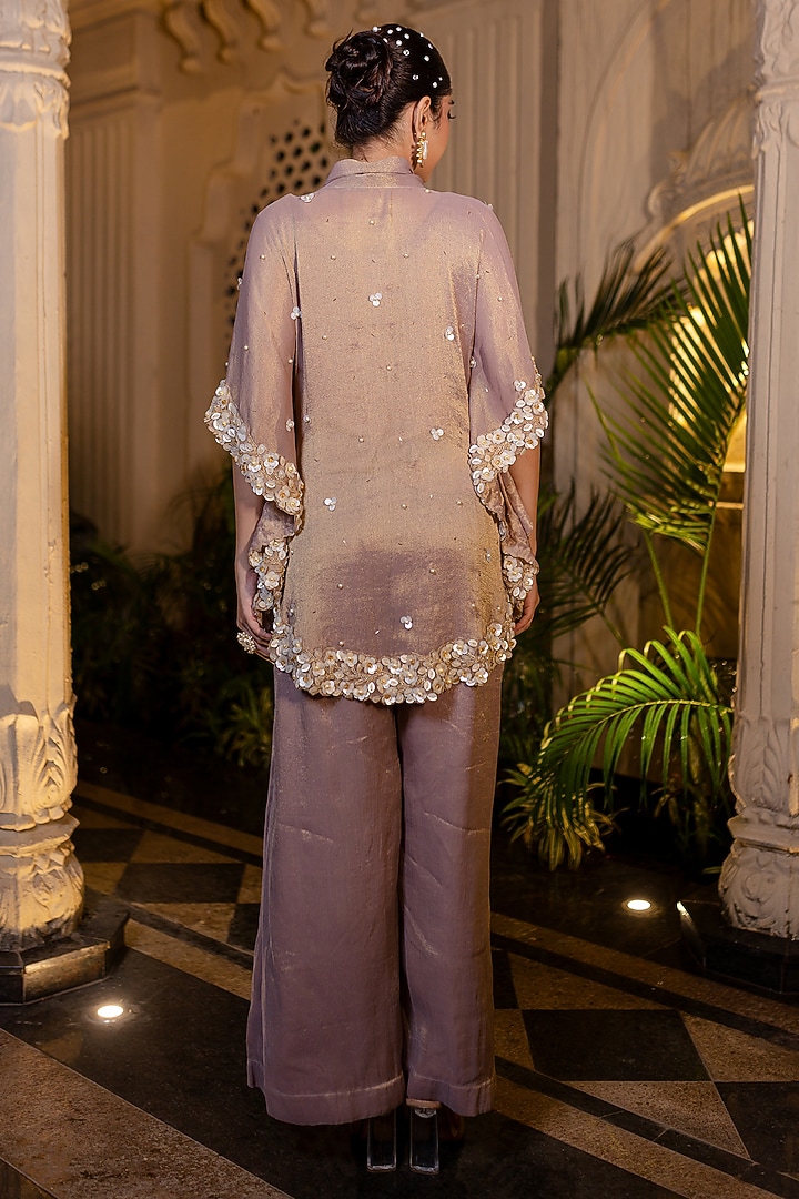 Champagne Rose Tissue Chiffon Hand Embroidered Kaftan Set by Farha Syed at Pernia's Pop Up Shop