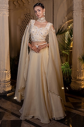 Ivory & Beige Tissue Chiffon Skirt Set by Farha Syed
