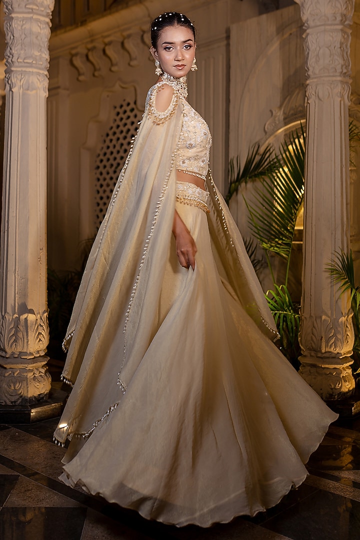 Ivory & Beige Tissue Chiffon Skirt Set by Farha Syed at Pernia's Pop Up Shop