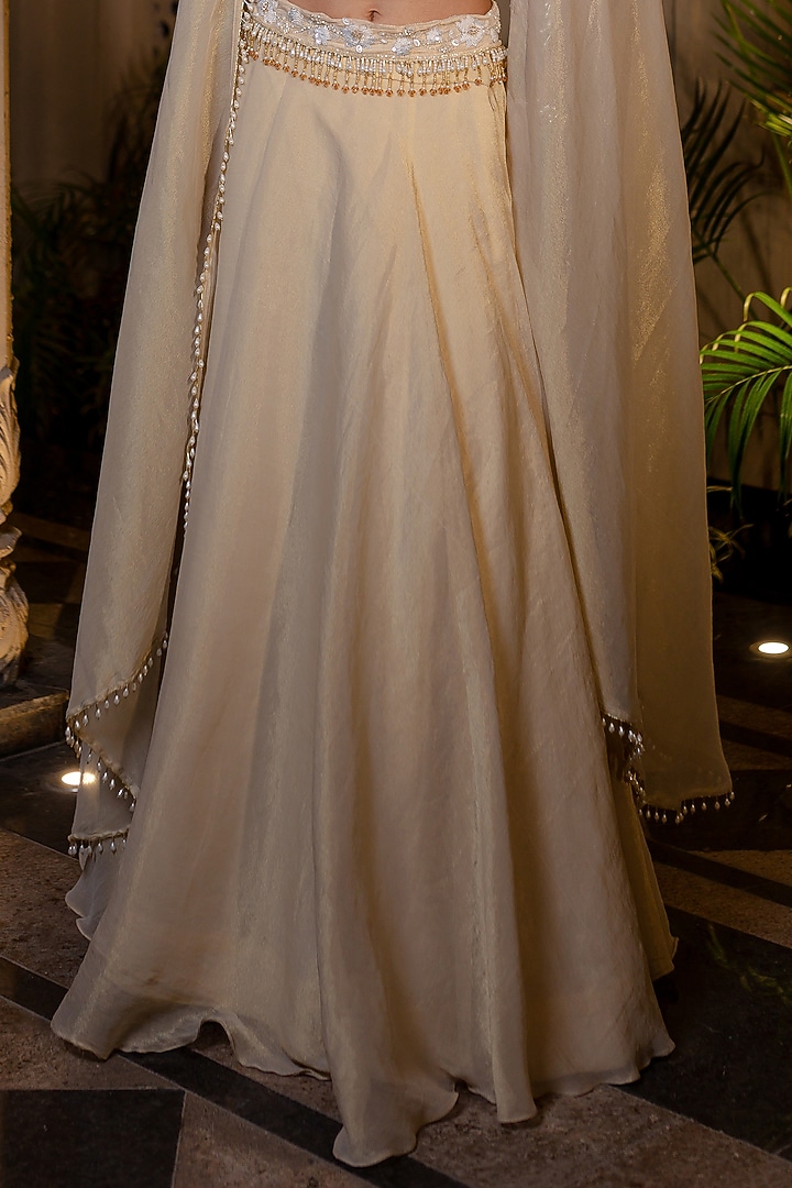 Ivory & Beige Tissue Chiffon Skirt Set by Farha Syed at Pernia's Pop Up Shop