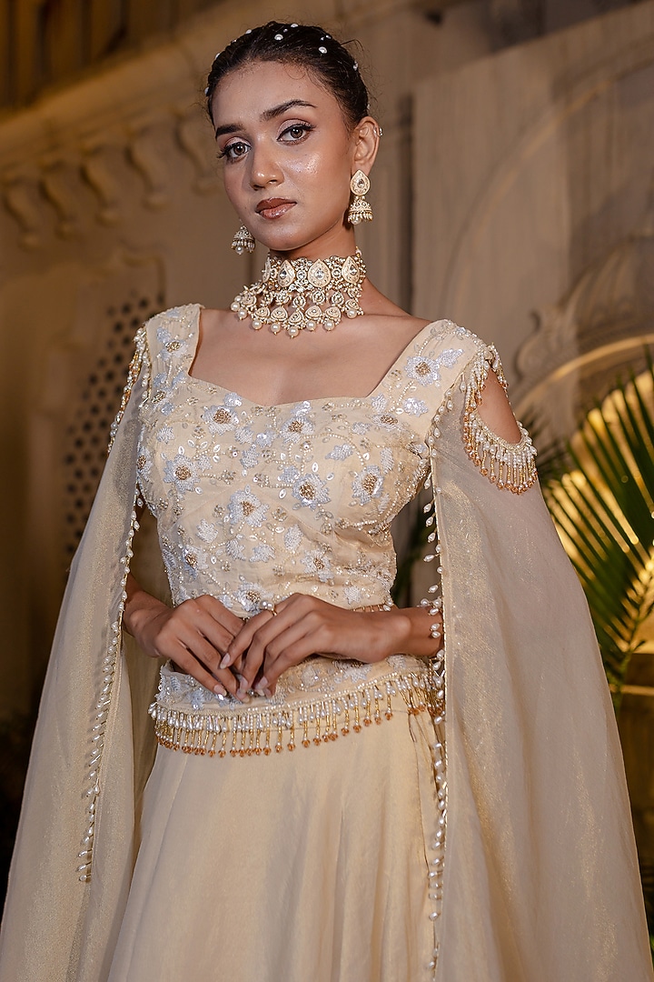 Ivory & Beige Tissue Chiffon Skirt Set by Farha Syed at Pernia's Pop Up Shop